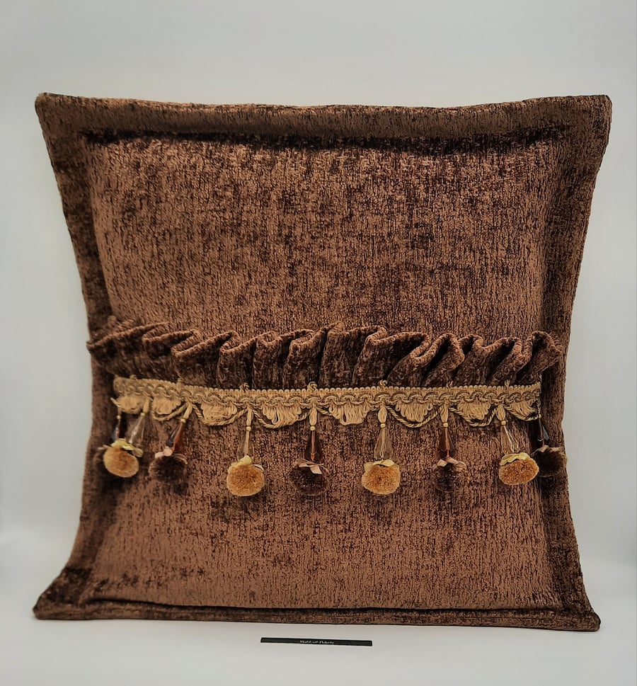 Brown, frilled, envelope back soft touch 18" cushion cover with flange.