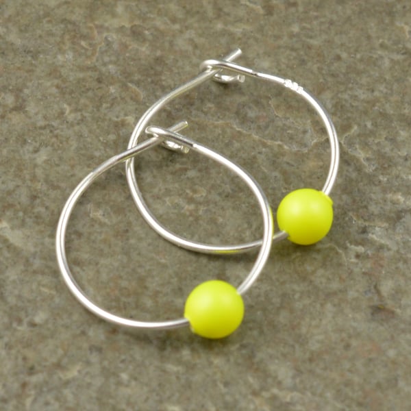 Fluorescent Neon Yellow Swarovski Crystal Pearl Sterling Silver Hoop Earrings