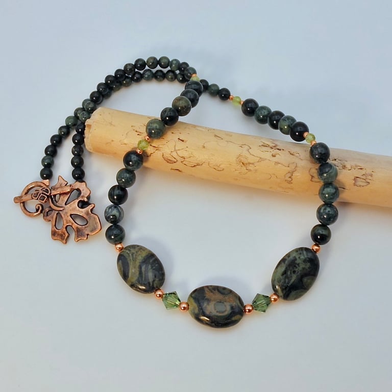 Kambaba Jasper Necklace With Peridot, Crystal & Copper, Birthday Gift For Her