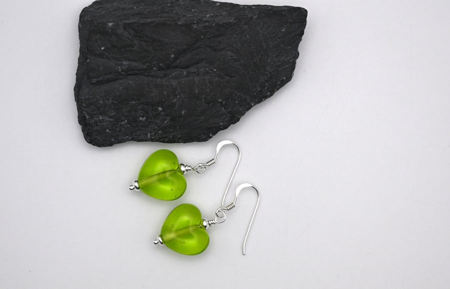 green glass heart earrings