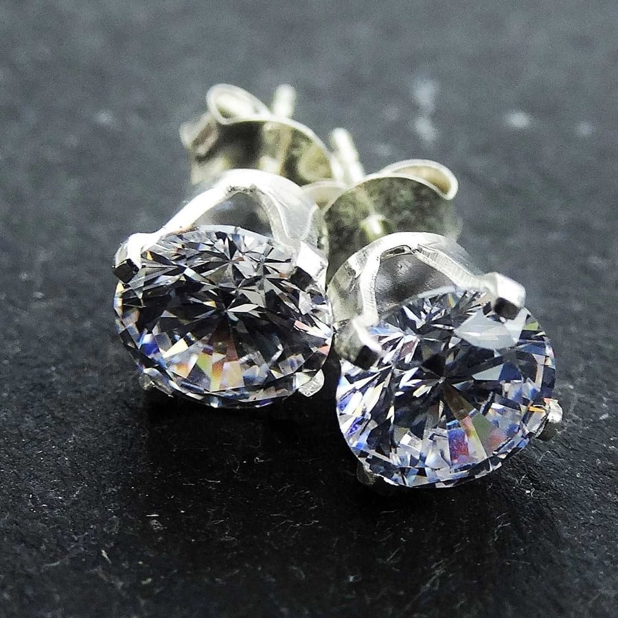 Cubic zirconia, silver stud earrings - cubic zirconia studs - stud earrings - ge