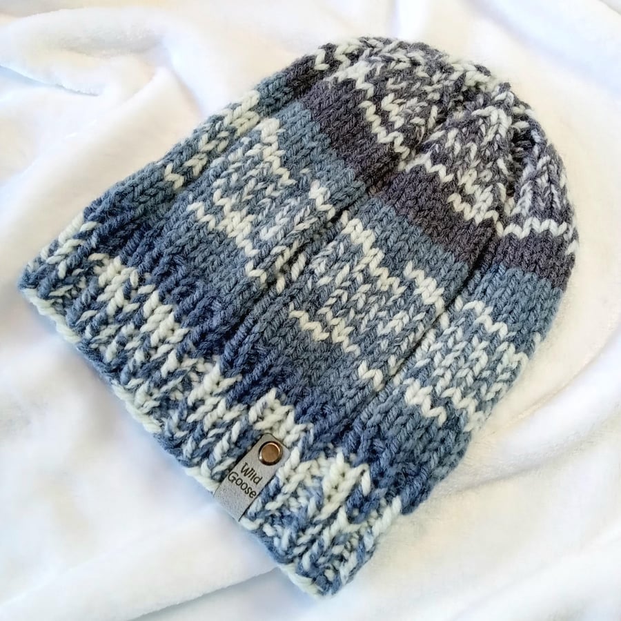 Hand Knit Beanie Hat. Fair Isle effect Merino blend yarn. Size - Medium adult.