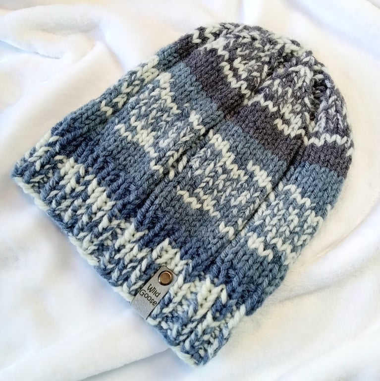 Hand Knit Beanie Hat. Fair Isle effect Merino blend yarn. Size - Medium adult.