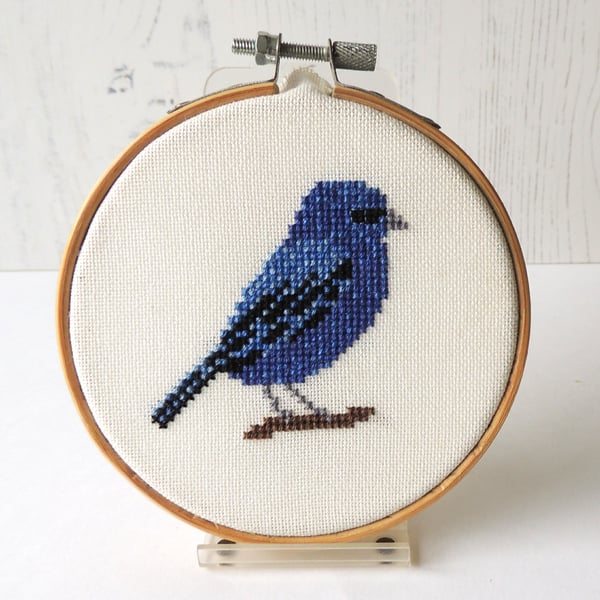 SECONDS SUNDAY indigo bunting cross stitch hoop art - 4-inch10cm wooden hoop