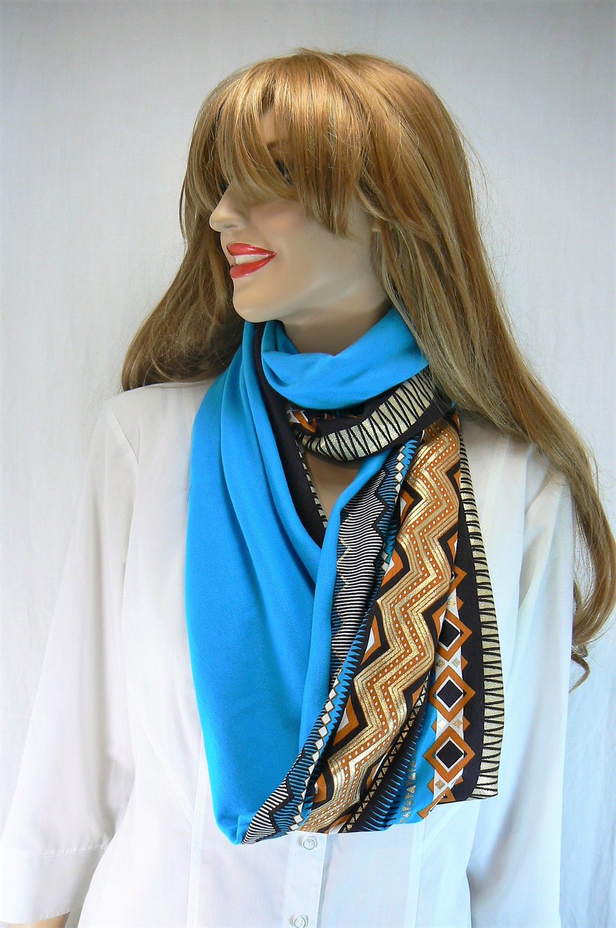 Infinity scarf (two tone, plain turquoise and  turquoise and gold Aztec print )