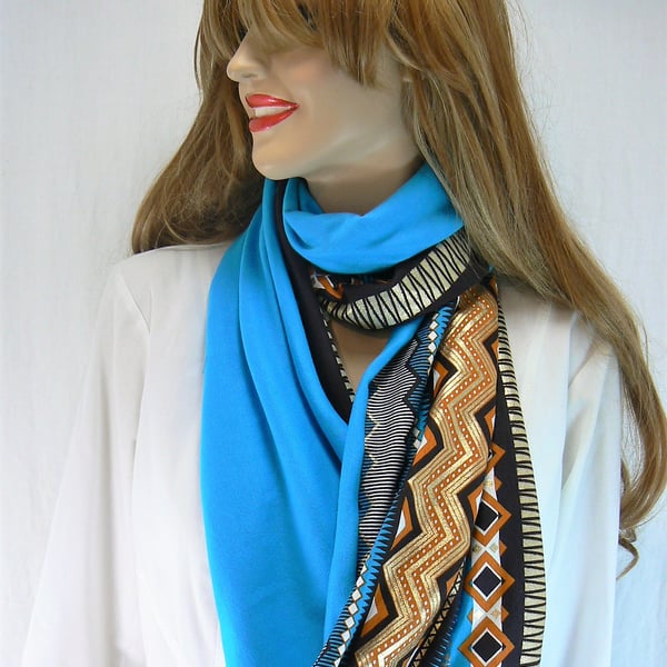 Infinity scarf (two tone, plain turquoise and  turquoise and gold Aztec print )