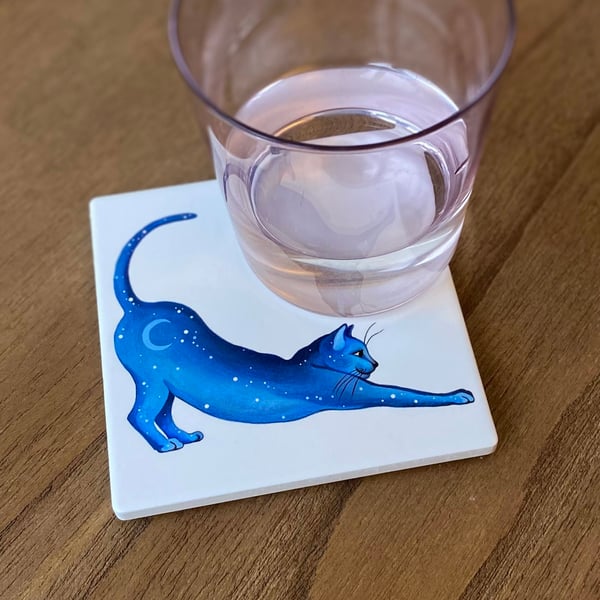 Seconds Sunday - ceramic drinks coaster, 'Lunar Cat Stretching' 