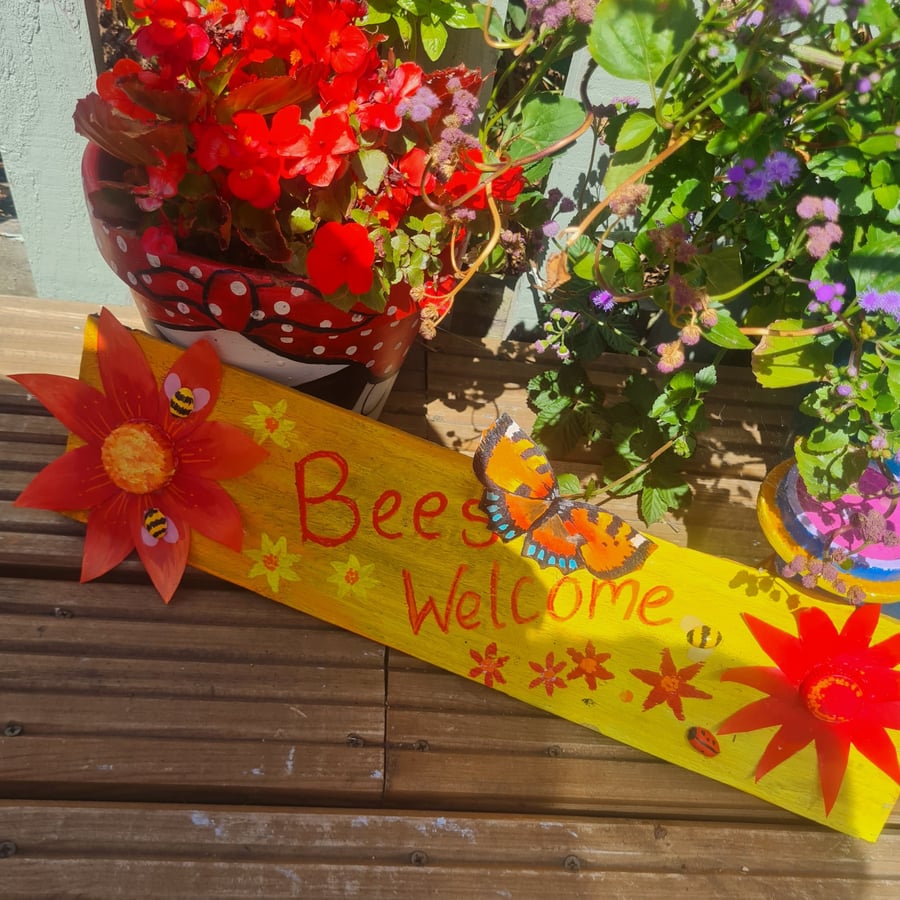 Image of Handmade, upcycled wooden "bees welcome" sign