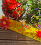Handmade, upcycled wooden "bees welcome" sign