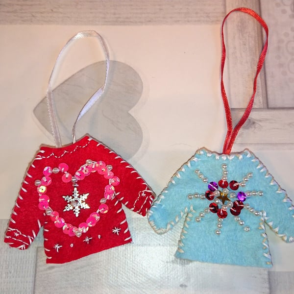 Set of 2 Christmas Jumper Tree Decorations, hand embroidered 