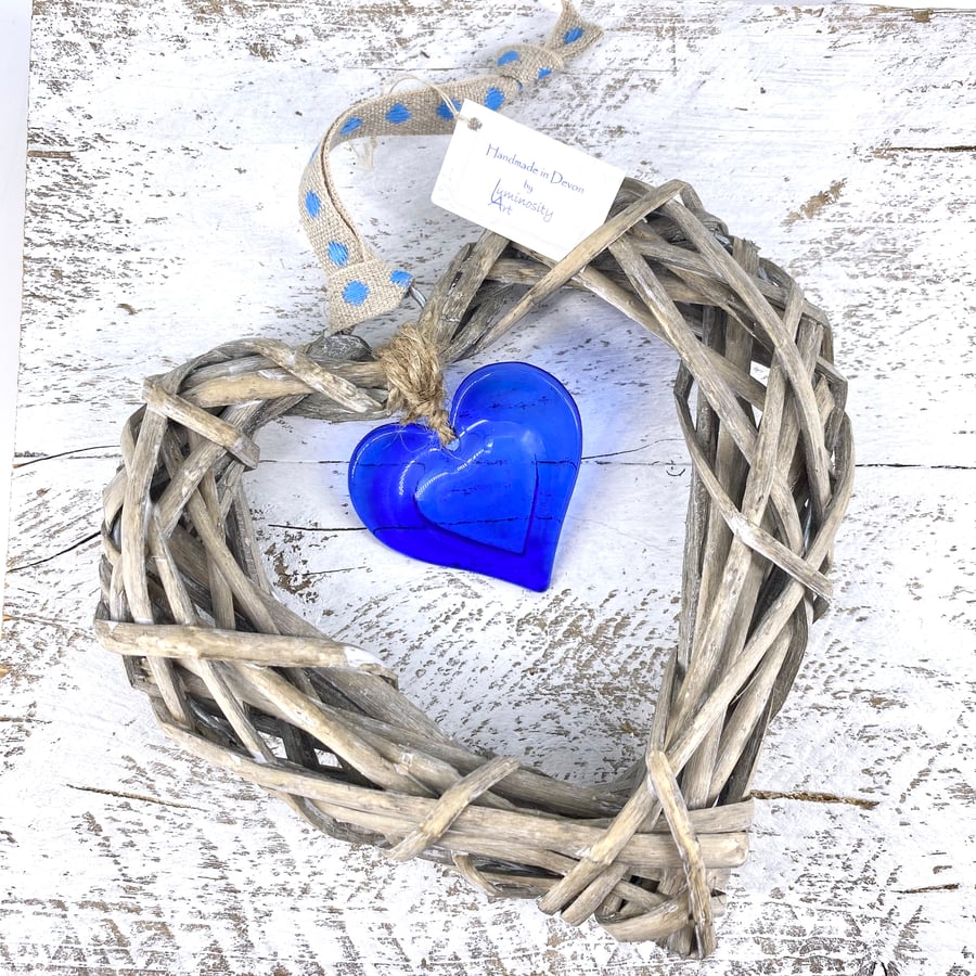 Fused Glass & Wicker Hanging Heart -  Blue Embossed 
