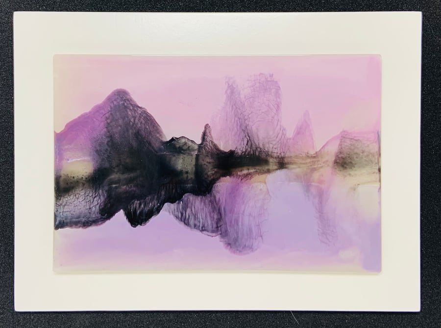 “Pink mountains” Beautiful Glass hand enamel painted panel.