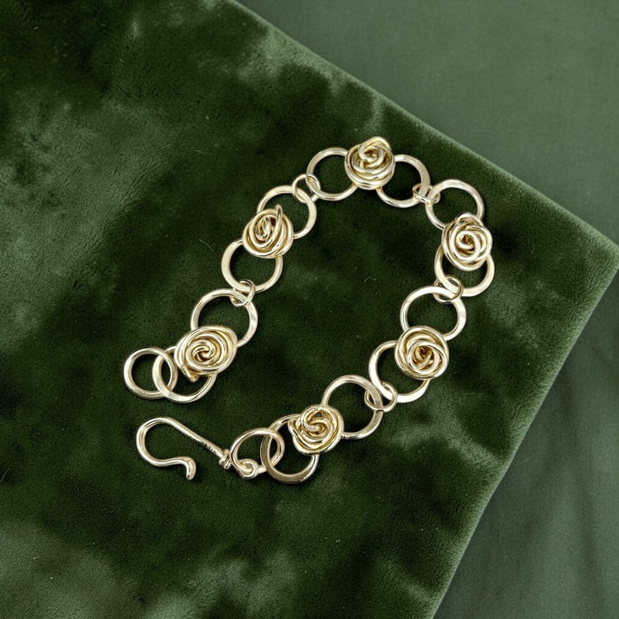 Gold Tone Rose Flower Bracelet - Solid Brass - 8”