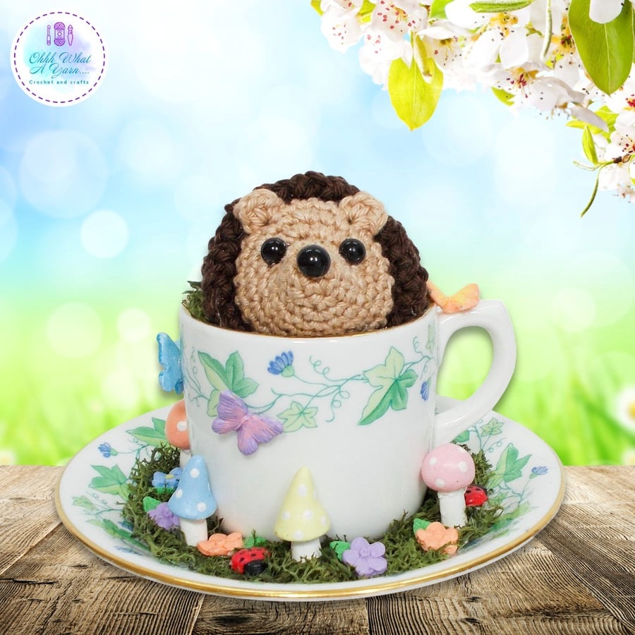Crochet hedgehog in an espresso teacup. Hedgehog ornament. Hedgehog decoration.