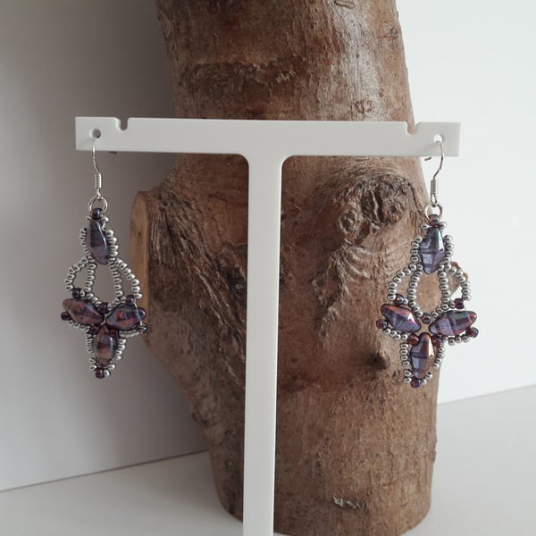 Silver Iris 925 Earrings. Sterling Silver, Hand Sown, Hand Beaded