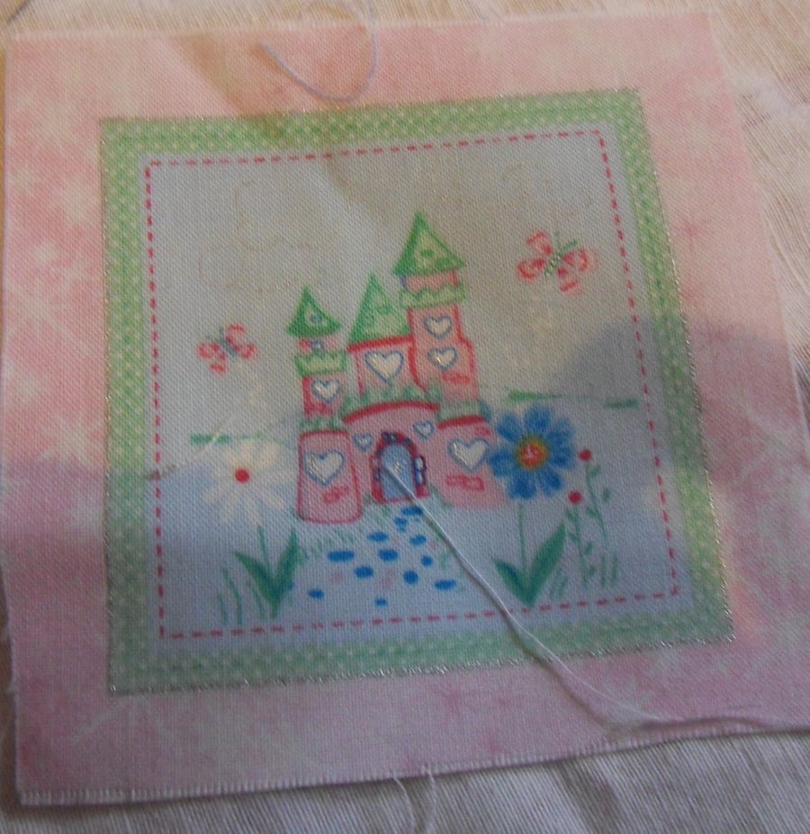 100% cotton fabric squares. Pink,green fairy castle, white,blue flowers (52)