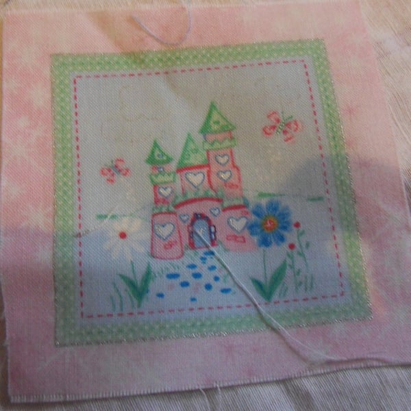 100% cotton fabric squares. Pink,green fairy castle, white,blue flowers (52)