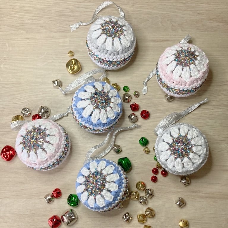 Crochet Christmas Baubles Set of 6 - Pastel Colours - Tree Decorations
