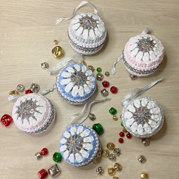 Crochet Christmas Baubles Set of 6 - Pastel Colours - Tree Decorations