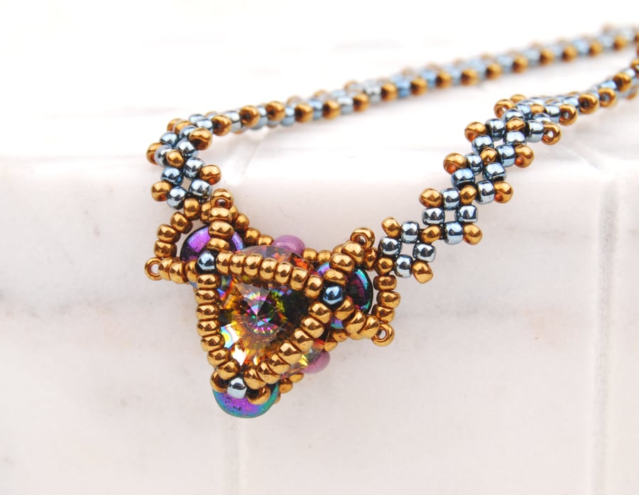 Beaded crystal necklace in bronze blue and purple, Peacock necklace