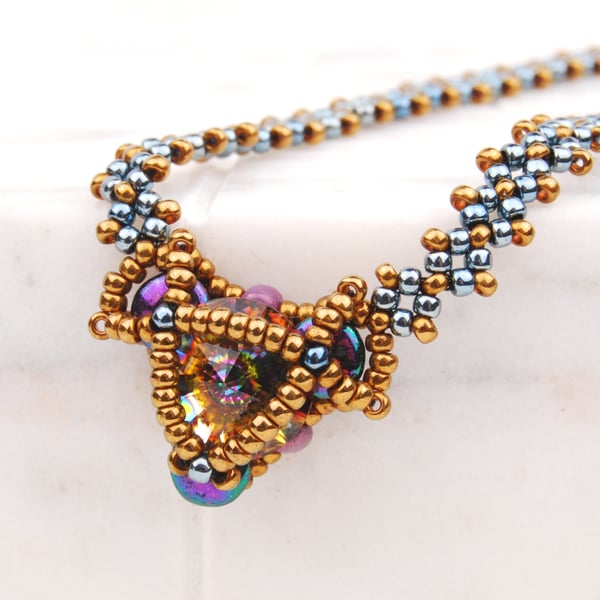 Beaded crystal necklace in bronze blue and purple, Peacock necklace