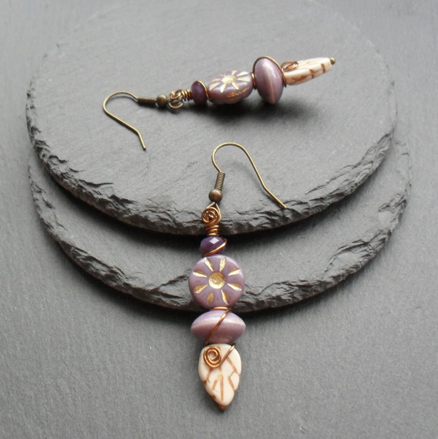Vintage Style Lilace Czech Glass Flower Dangle Earrings Bronze Tone