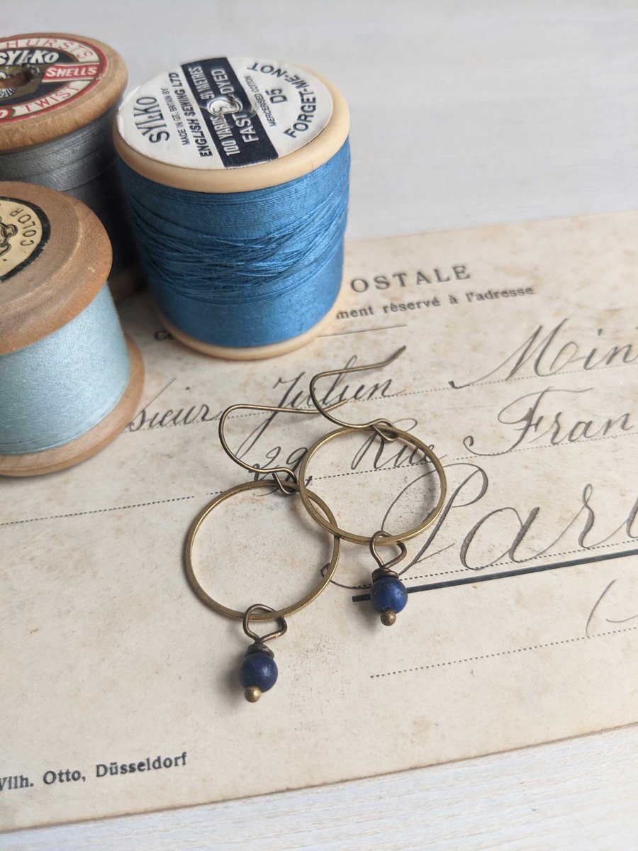 Golden Hoops with Blue Lapis - drop earrings - lapis lazuli gem stones and brass