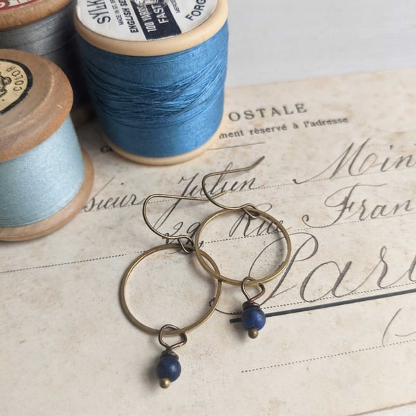 Golden Hoops with Blue Lapis - drop earrings - lapis lazuli gem stones and brass