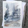 Soft Blue Trees. Handpainted Blank Watercolour Card