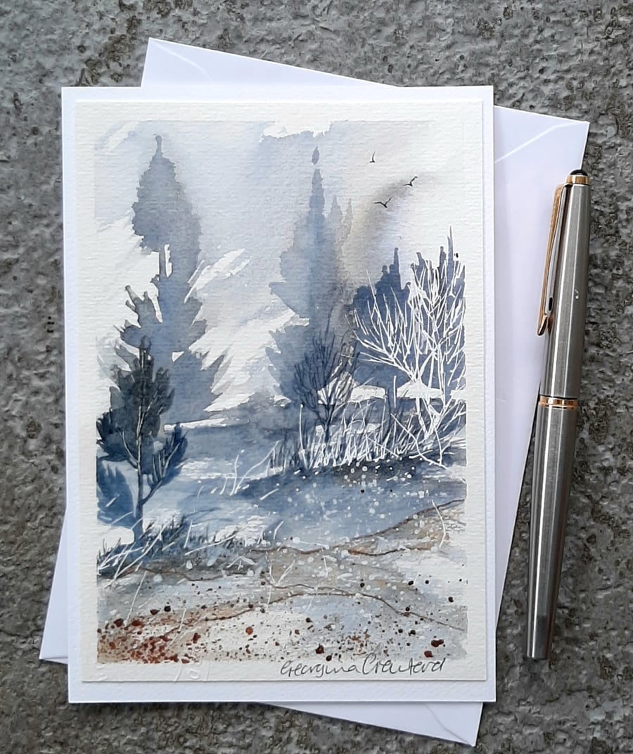 Soft Blue Trees. Handpainted Blank Watercolour Card