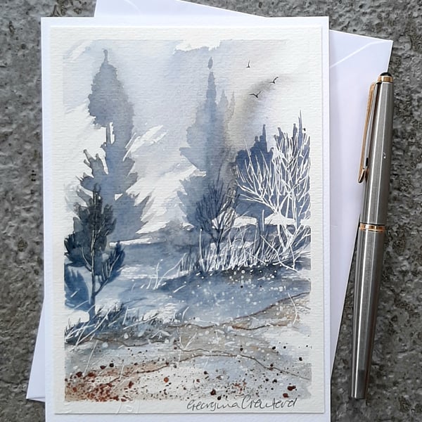 Soft Blue Trees. Handpainted Blank Watercolour Card