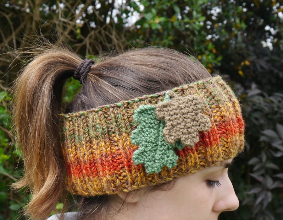 Autumn Headband with Knitted Oak Leaves, Fall Ear Warmers