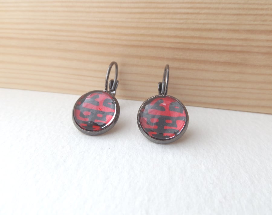 Gunmetal and Red Earrings, Japanese Paper and dangle drop leverback earrings
