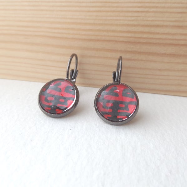 Gunmetal and Red Earrings, Japanese Paper and dangle drop leverback earrings