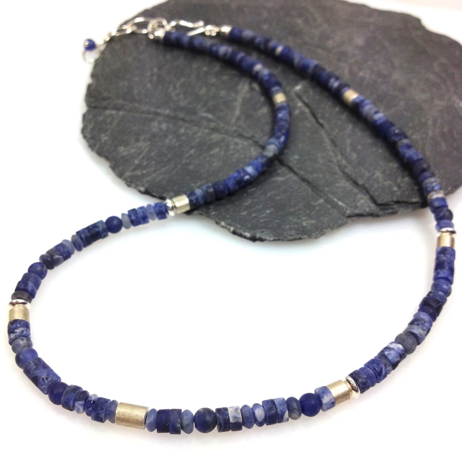 Silver and matte sodalite necklace