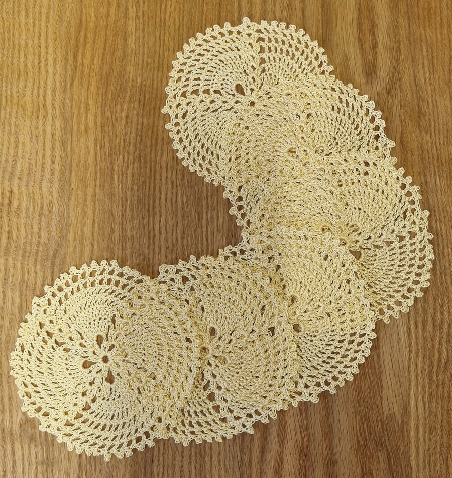 SET of 6 COTTON COASTERS in YELLOW - LOVELY CROCHET DESIGN 10.5cm