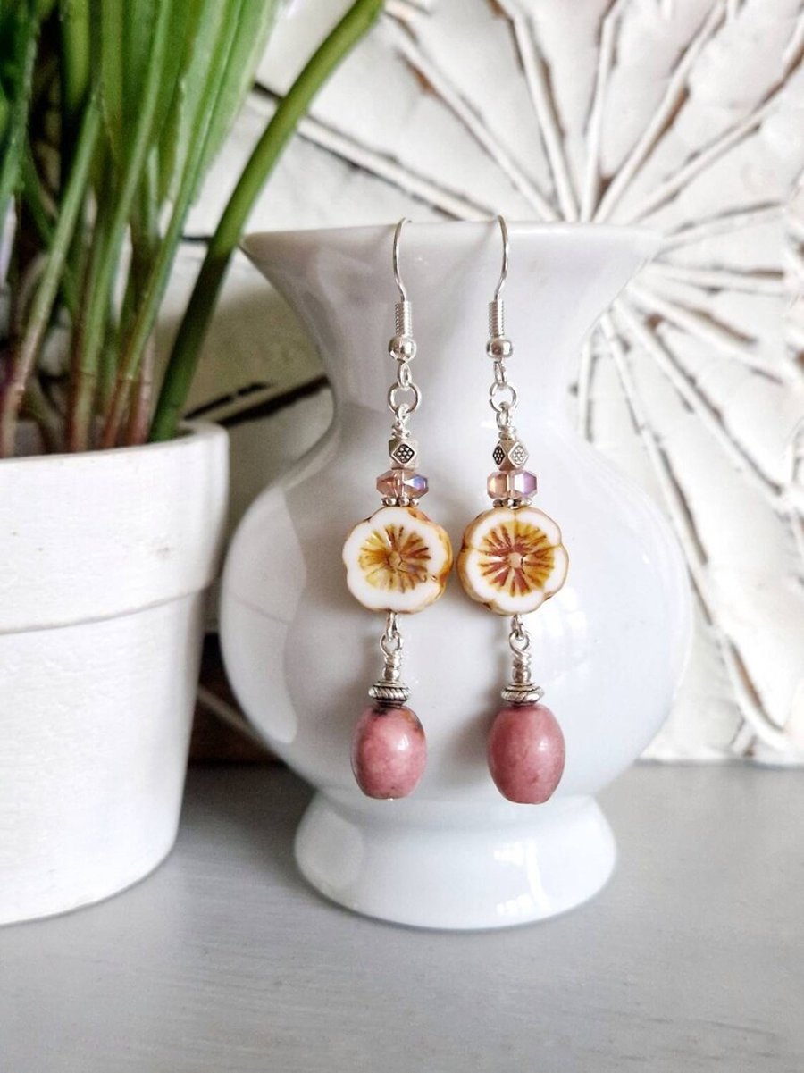 Pink Rhodonite Flower Earrings