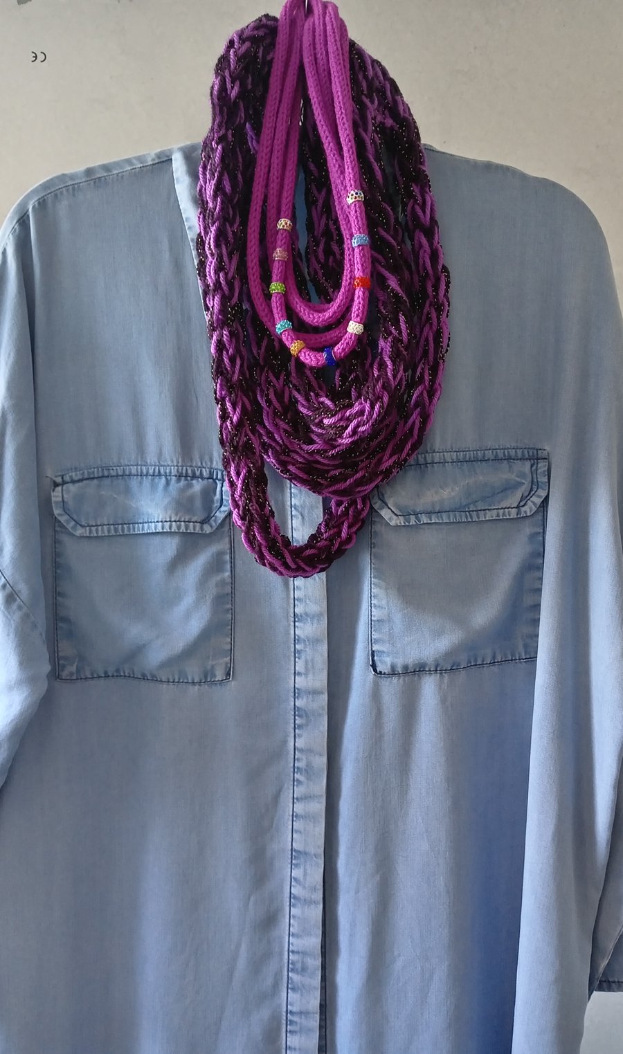 Purple Aubergine and Pink Long Skinny Finger Knitted Infinity Scarf Necklace 