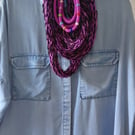 Purple Aubergine and Pink Long Skinny Finger Knitted Infinity Scarf Necklace 