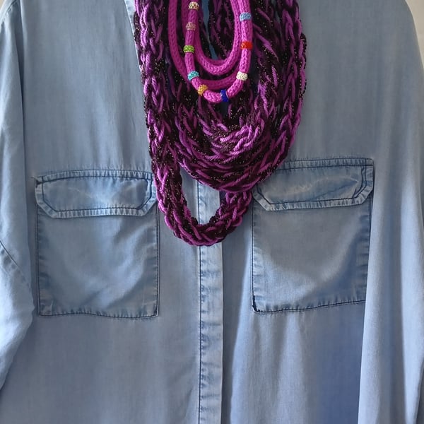 Purple Aubergine and Pink Long Skinny Finger Knitted Infinity Scarf Necklace 