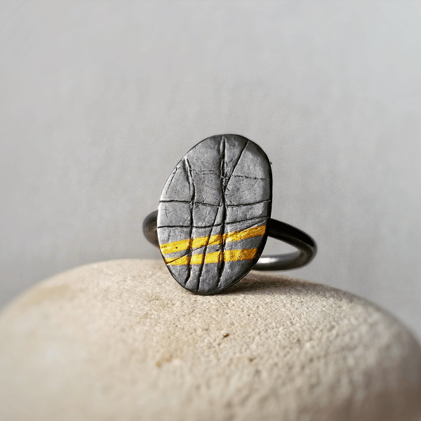 Black and gold textured ring .nature inspired handmade 