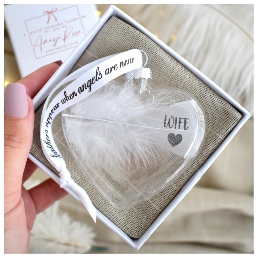 Image of Wife Memorial Feather Bauble, In Memory of Wife, Heart Glass Christmas Ornament
