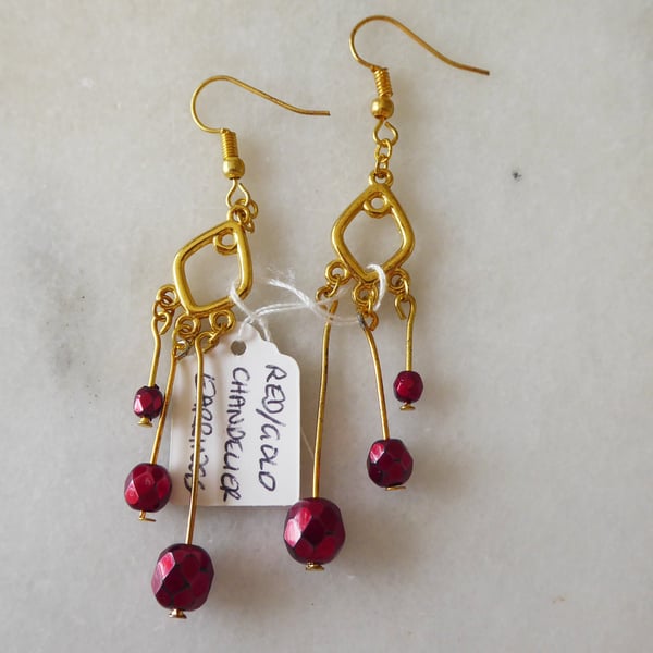 Gold diamond shaped Chandelier Earrings & Dark Red Faceted beads Summer Seconds