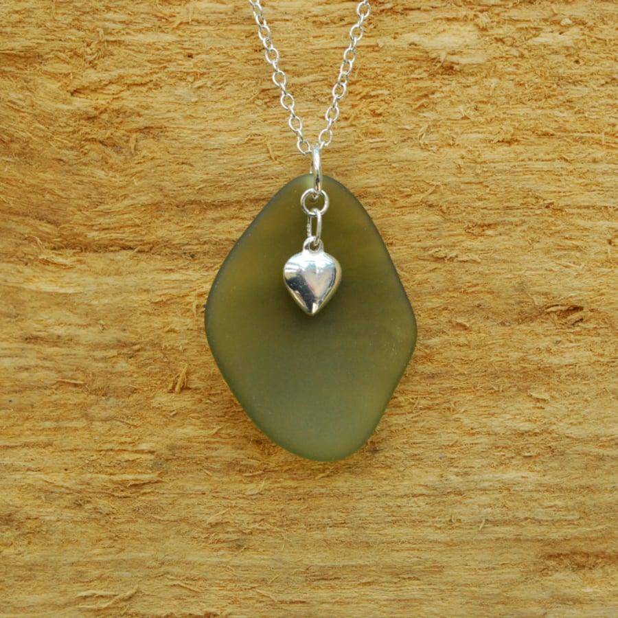 Beach glass pendant with sterling silver heart 