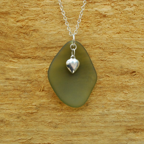 Beach glass pendant with sterling silver heart 