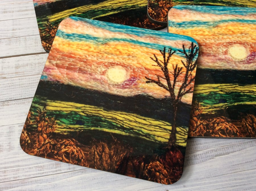 Sunset landscape coaster or drinks mat. 