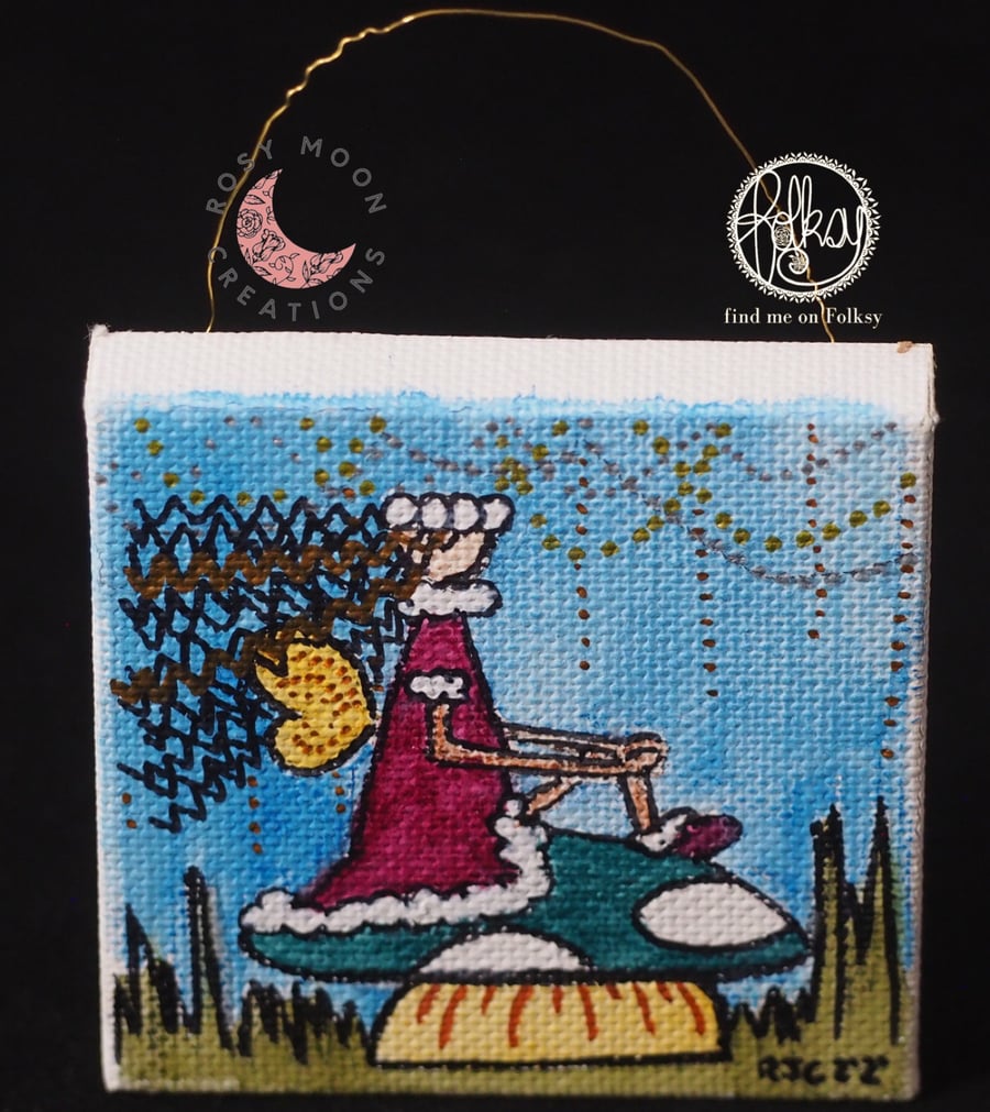 Christmas Fairy Sitting on a Toadstool Miniature Canvas Decoration 