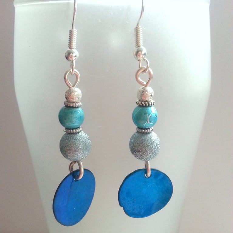 Blue Turquoise Drop Earrings - Silver Textured Bead Dangles