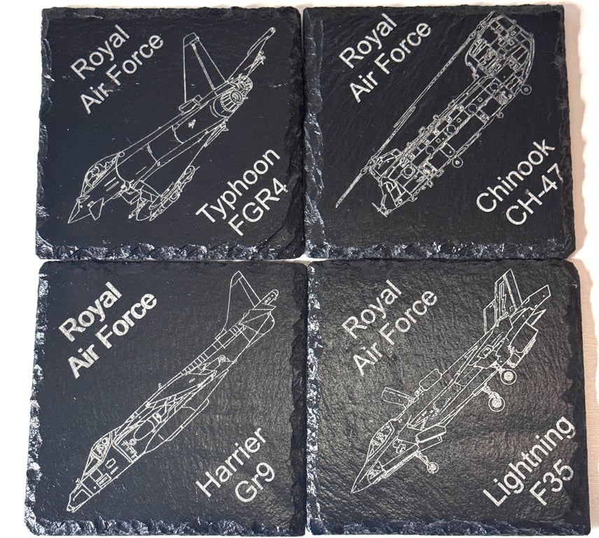 RAF Aircraft Slate Coasters Set – Typhoon, F-35 Lightning, Chinook & Harrier GR9