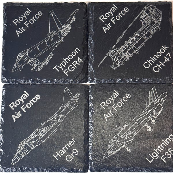 RAF Aircraft Slate Coasters Set – Typhoon, F-35 Lightning, Chinook & Harrier GR9